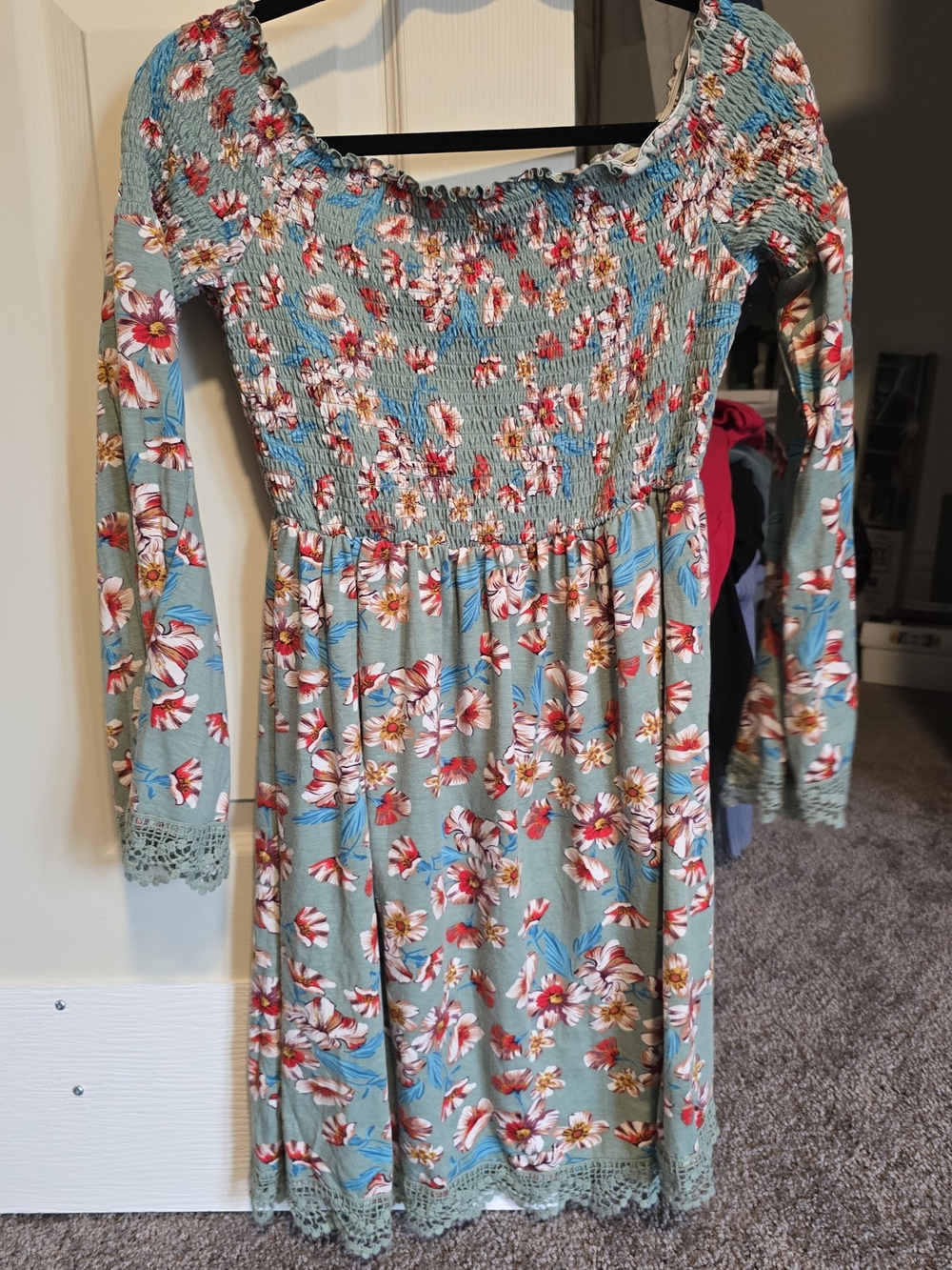Xhilaration Sage Green Floral Smocked Long-Sleeve Dress